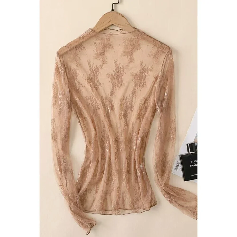 1I1399 C Lace Mesh Sheer Top Coffee Various Sizes